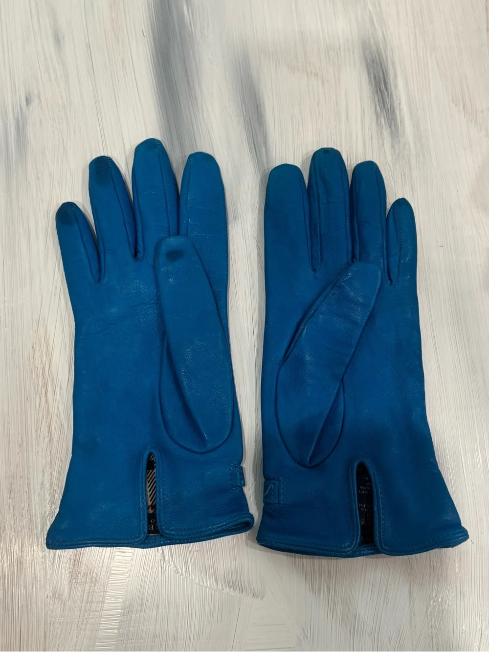 BURBERRY Cobalt Blue Leather and Silk Women's Gloves with Silver Accent